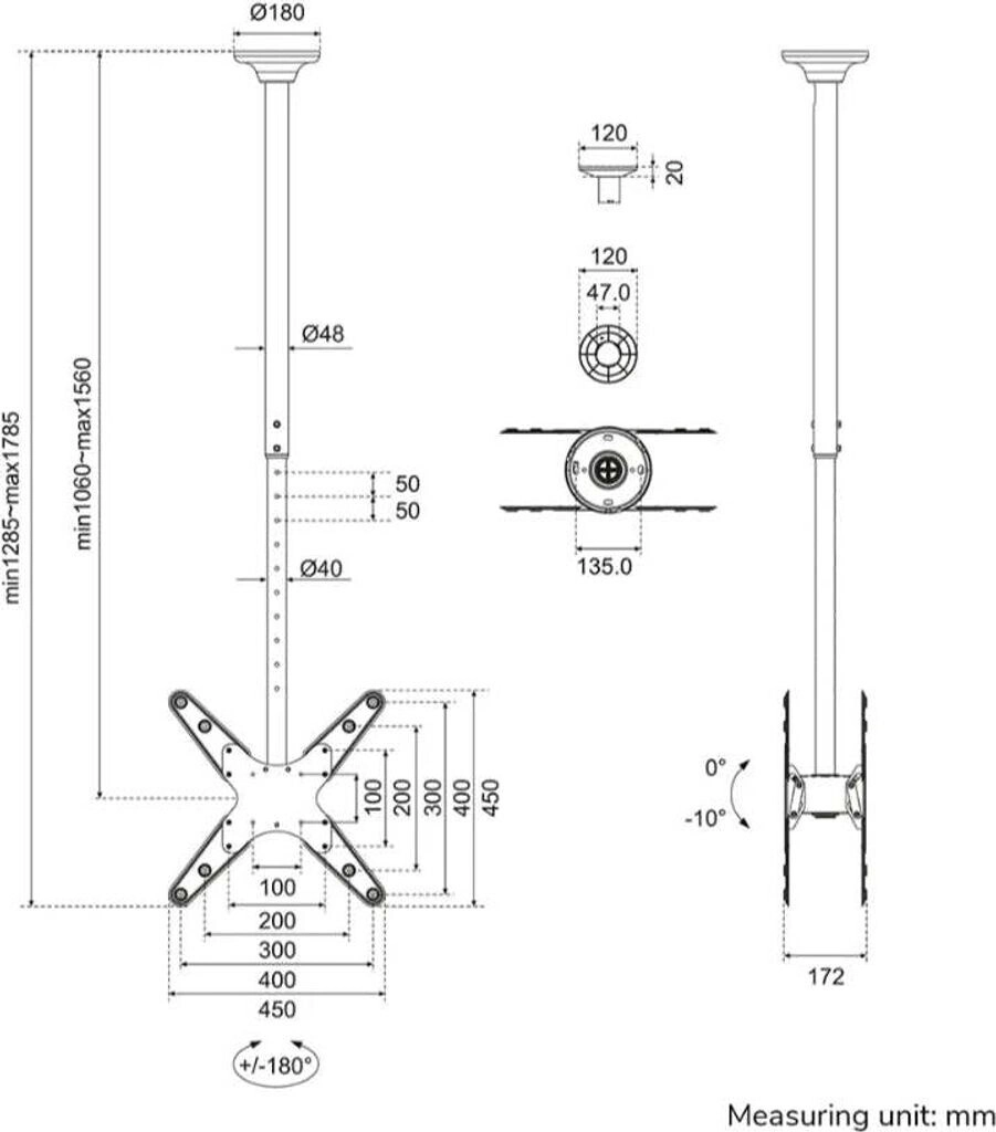 Neomounts FPMA-C340DBLACK - Doppel-Deckenhalterung 2x32-75" - max. 2x50 kg - VESA 400x400 - 360° Schwenk - H 106-156 cm - schwarz