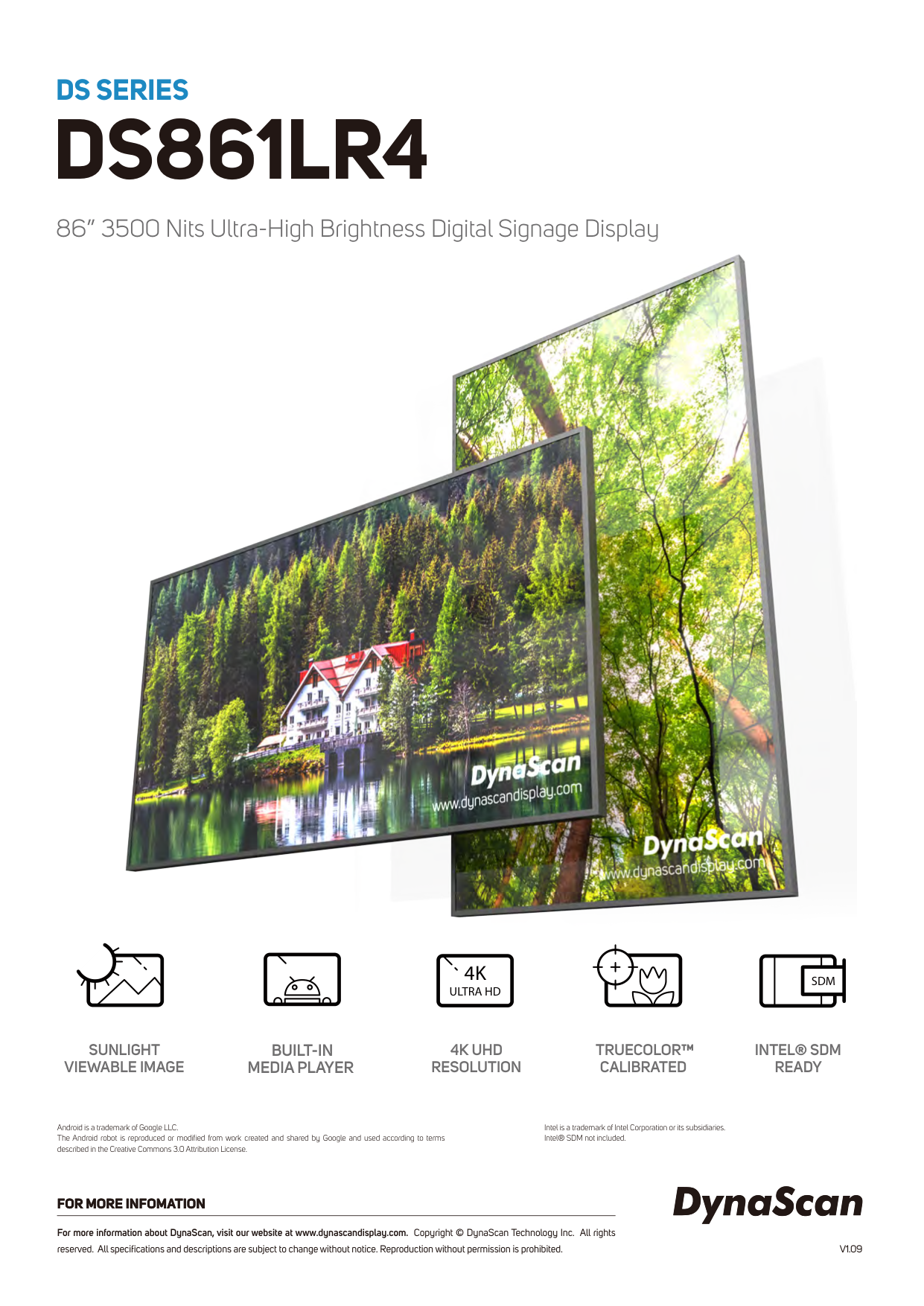 DynaScan DS861LR4-1 - 86 Zoll Schaufenster-Display Semi-Outdoor - 4K UHD 3840 x 2160 - 3500 cd/m² - TrueColor - Android 8 - SDM-Steckplatz - VESA 600x400 - schwarz