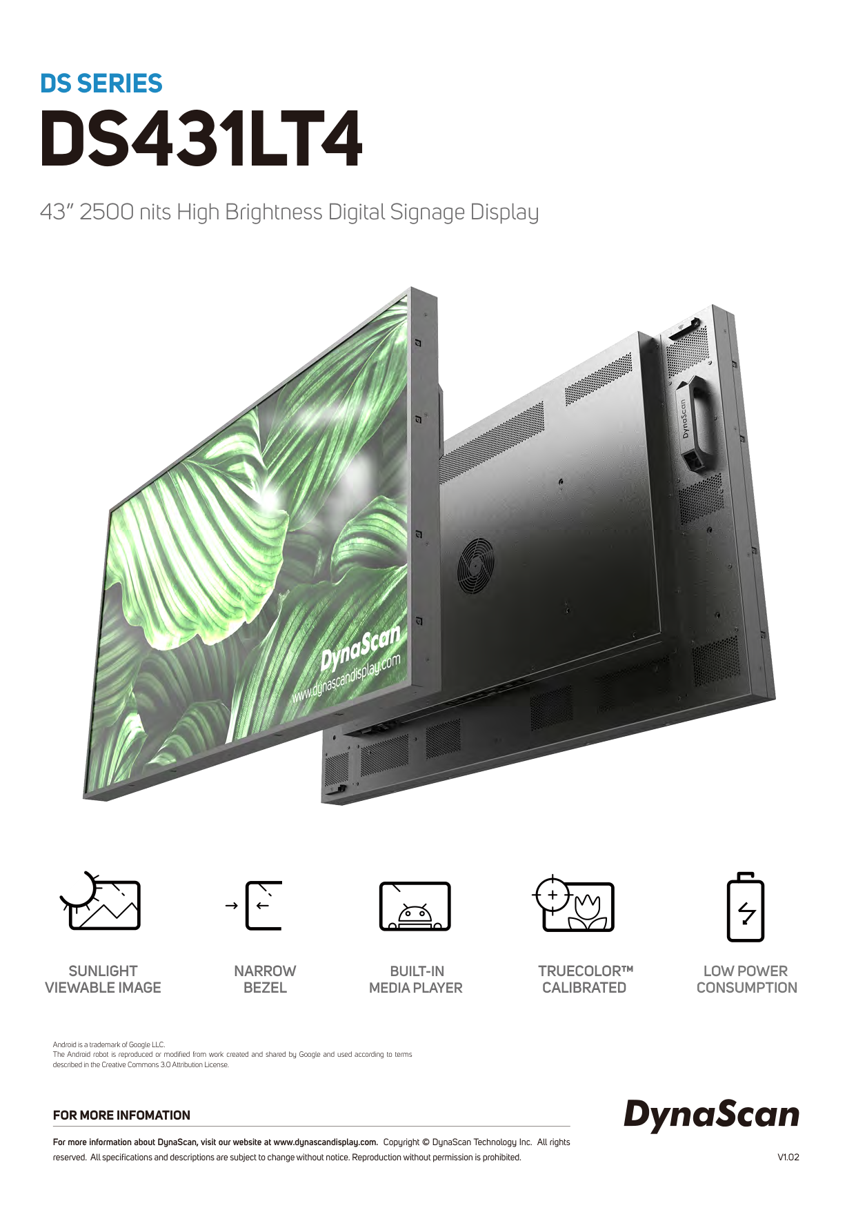 DynaScan DS431LT4-1 - 43 Zoll Schaufenster-Display Semi-Outdoor - Full HD 1920 x 1080 - 2500 cd/m² - TrueColor - Android 11 - schmaler Rahmen - VESA 400x200 - schwarz
