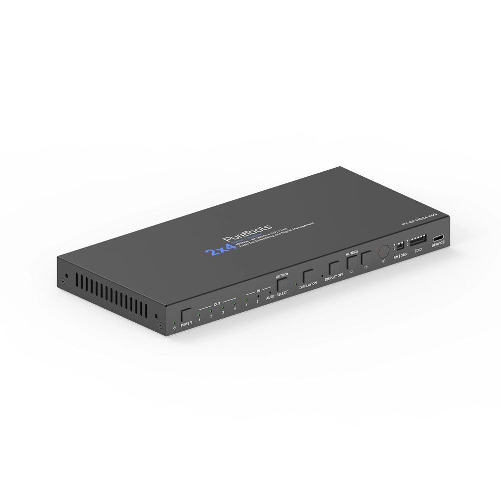 PureTools PT-SP-HD24-48G - HDMI 2.1 Splitter 2x4 - 48 Gbps - 8K@60Hz / 4K@120Hz - HDCP 2.3 - Audio De-Embedding SPDIF + Phoenix - schwarz