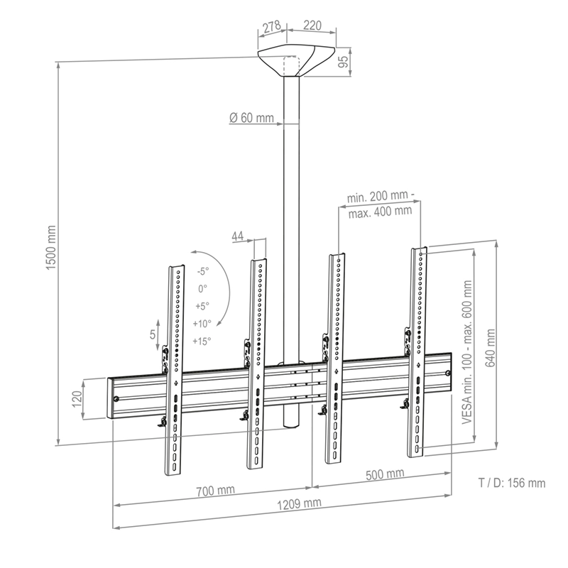 Hagor CPS Menuboard D2P 46-65" - Deckenhalterung 2x Portrait - max. 40 kg - VESA 400x600 - 1209 mm - schwarz