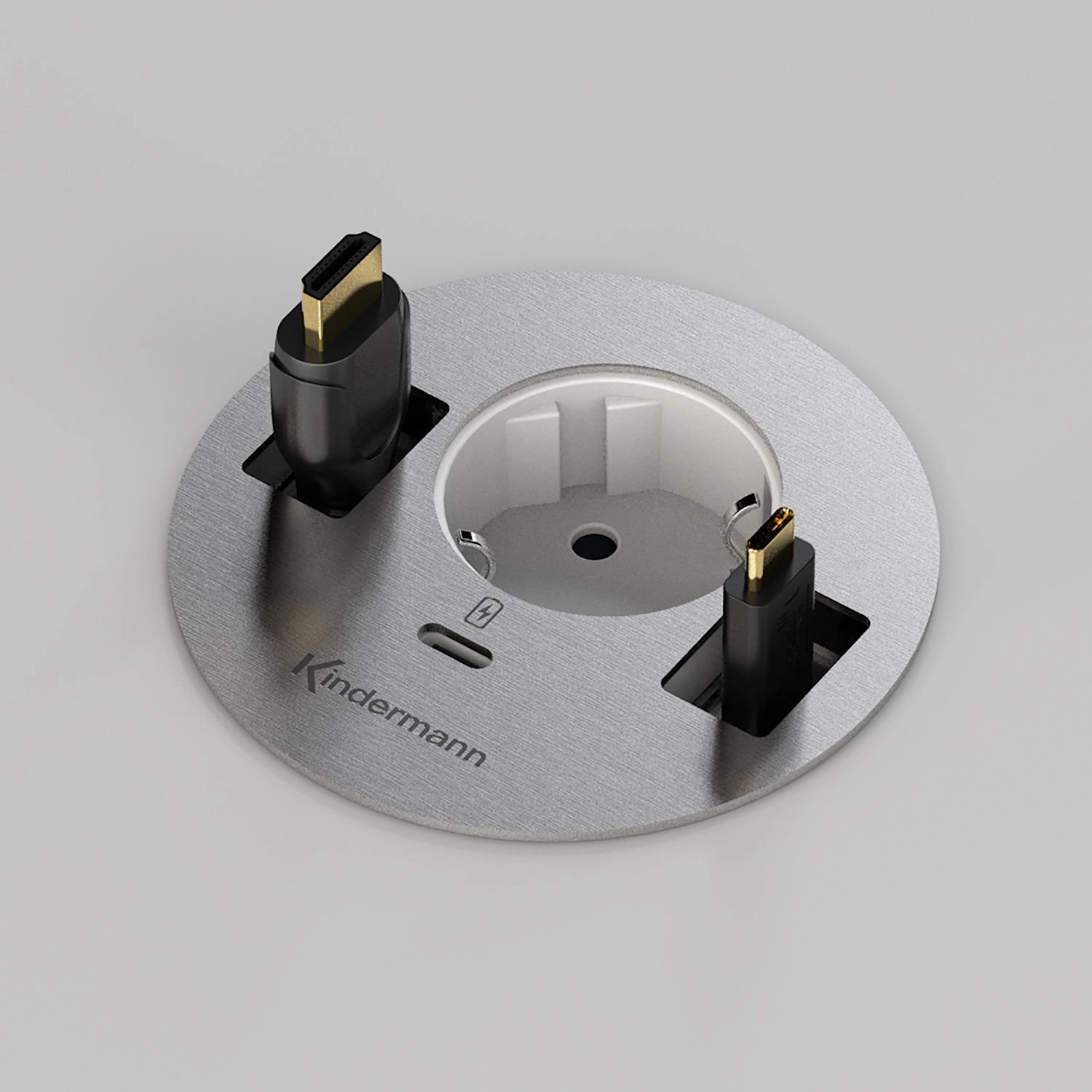 Kindermann CablePort table³ - 1x Schuko + 1x USB-C Charger + 2x Kabeldurchlass - Tischeinbau Ø 80 mm - Edelstahl gebürstet - 7449000044