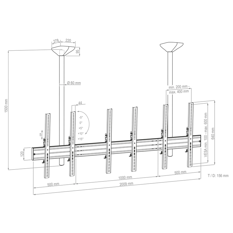 Hagor CPS Menuboard D3P 46-65" - Deckenhalterung 3 Displays Portrait - max. 40 kg je Screen - VESA 400x600 - neigbar - schwarz