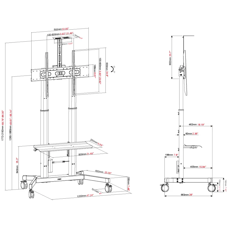 Vision VFM-F26M - Display Rollwagen 55-100" - motorisch höhenverstellbar 400 mm - neigbar - Videokonferenzablage - max. 80 kg - VESA 200x200-800x600 - schwarz