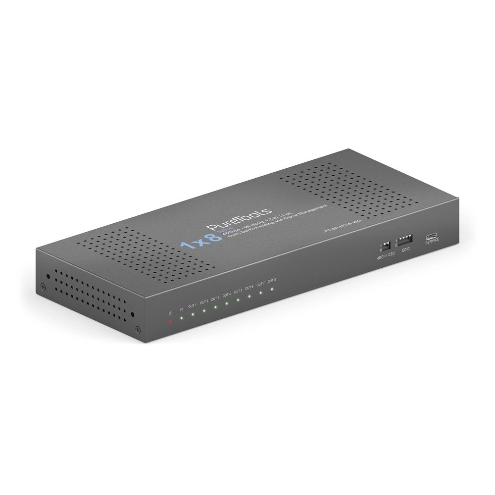 PureTools PT-SP-HD18-48G - HDMI 2.1 Splitter 1x8 - 48 Gbps - 8K@60Hz / 4K@120Hz - HDCP 2.3 - Audio De-Embedding SPDIF + Klinke - schwarz