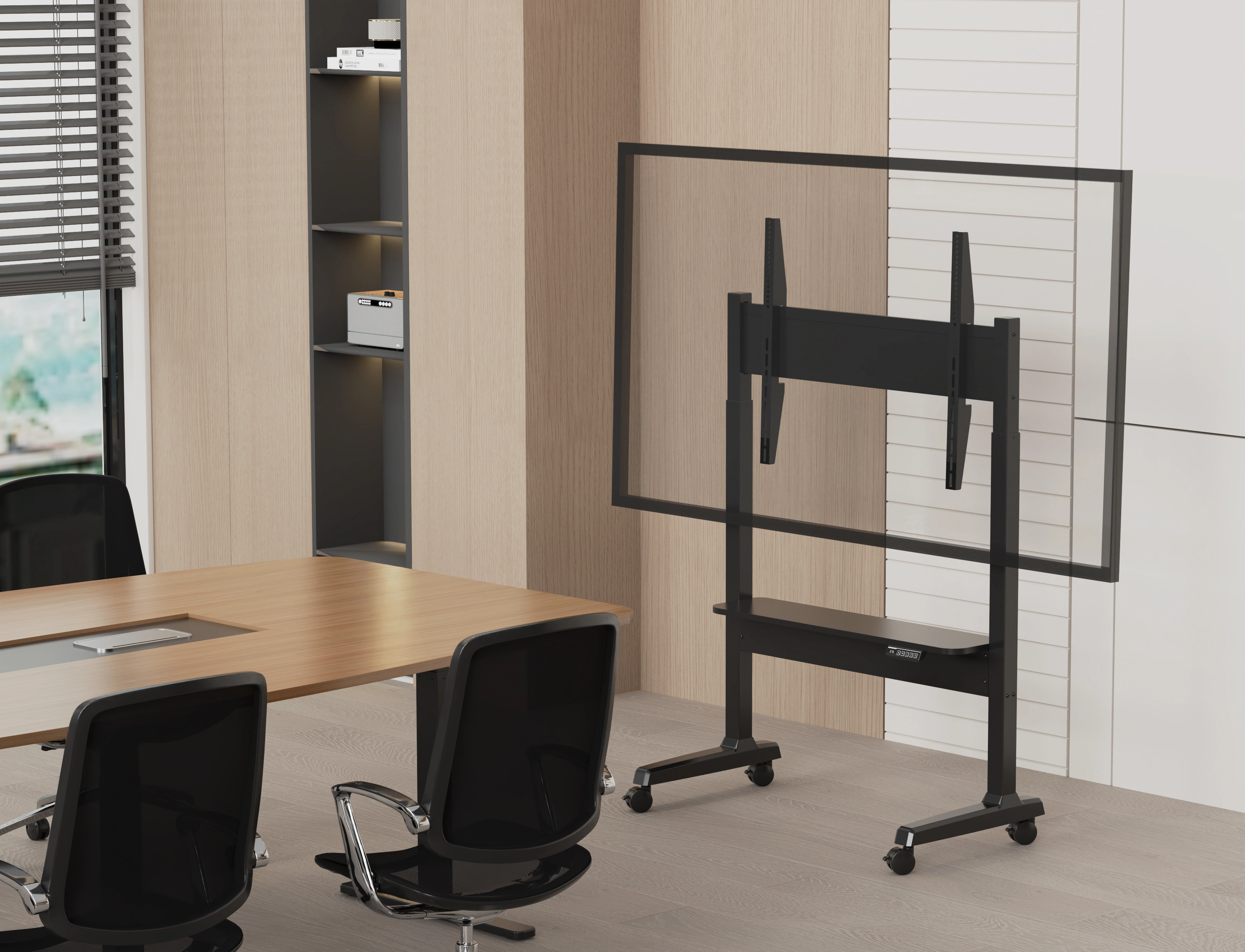 Vision VFM-F15M - Motorisierter Displaywagen, 40-86", 60kg, VESA 800x600, 400mm Motorhub, Videobar-Regal, Schwarz