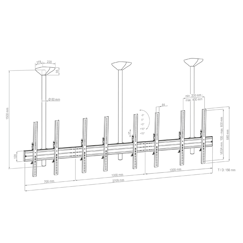 Hagor CPS Menuboard D4P 46-65" - Deckenhalterung 4 Displays Portrait - max. 40 kg je Screen - VESA 400x600 - neigbar - schwarz