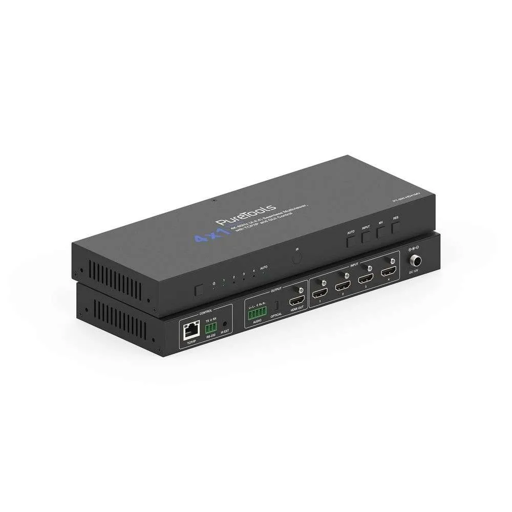 PureTools PT-SW-HD41MV - 4x1 Multiview Seamless UHD Video Switcher - 4K60, HDMI 2.0b, 9 Layouts, RS-232, TCP/IP, WebGUI