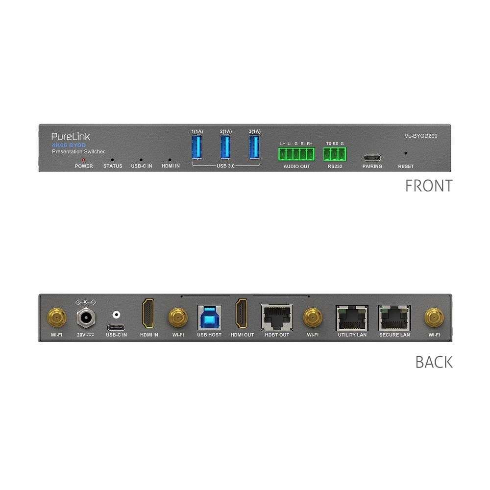 Vuelogic VL-BYOD200 - 4K60 BYOD Präsentations-Umschalter - HDMI und USB-C - HDBaseT-Ausgang - Multi-View - 60 W Power Delivery