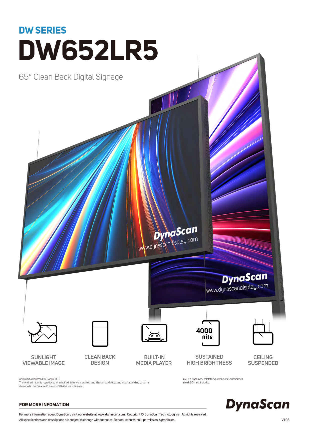 DynaScan DW652LR5-1 - 65 Zoll Schaufenster-Display Semi-Outdoor - 4K UHD 3840 x 2160 - 4000 cd/m² - Clean Back - Android 11 - SDM-Steckplatz - schwarz