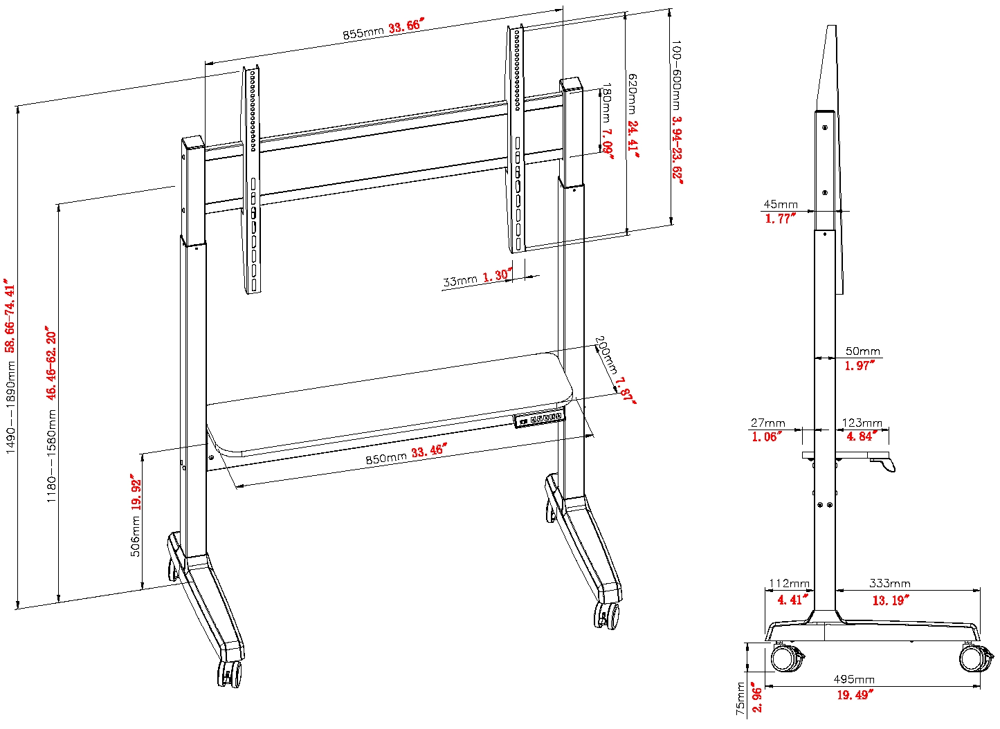 Vision VFM-F15M - Motorisierter Displaywagen, 40-86", 60kg, VESA 800x600, 400mm Motorhub, Videobar-Regal, Schwarz