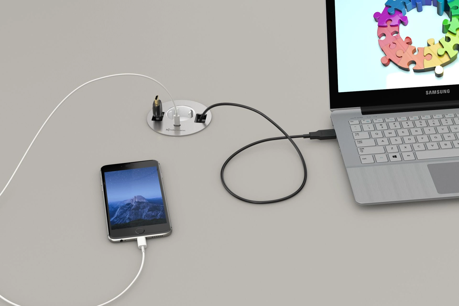 Kindermann CablePort table³ - 1x Schuko + 1x USB-C Charger + 2x Kabeldurchlass - Tischeinbau Ø 80 mm - Edelstahl gebürstet - 7449000044