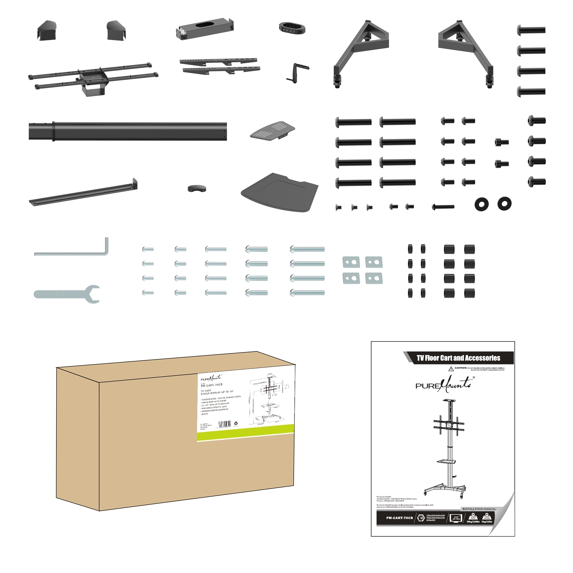 PureMounts PM-CART-70CB - Display Rollwagen 37-70" - neigbar - höhenverstellbar H 128,5-160,5 cm - drehbar - Ablageboard & Videokonferenzablage - max. 50 kg - VESA 200x200-600x400 - schwarz