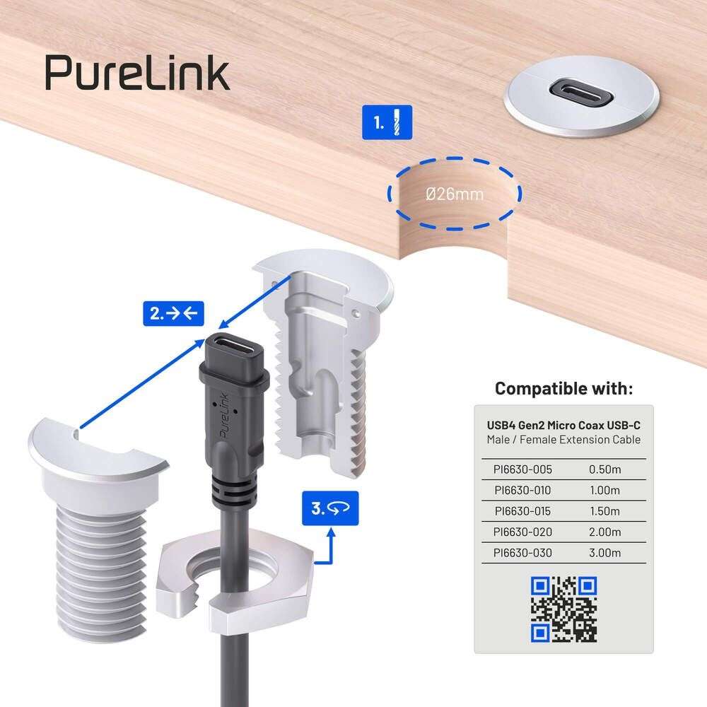PureLink PI-TM101 - USB-C Tischhalterung für PI6630 Verlängerungskabel - 25 mm Einbaubohrung - Tischstärke 10 bis 35 mm - Aluminium - mattschwarz