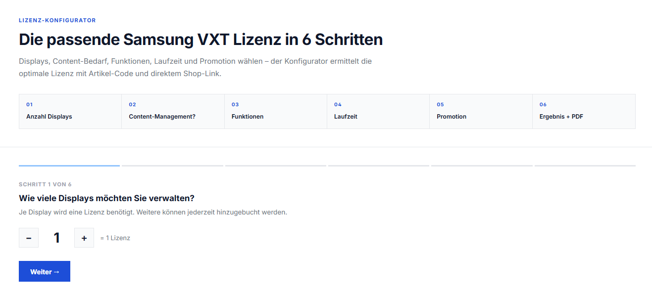 Samsung VXT Lizenz-Konfigurator Screenshot