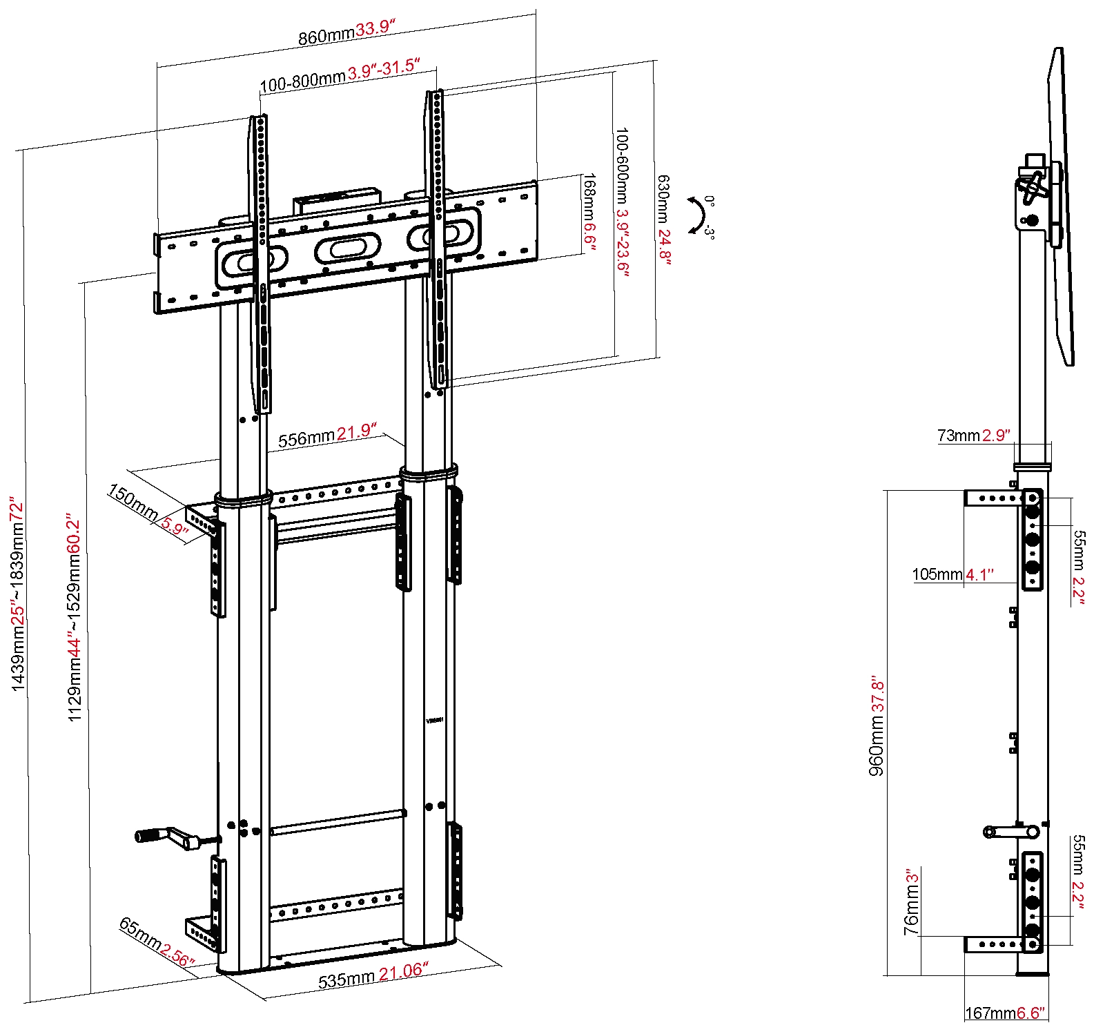 Vision VFM-F26W - Höhenverstellbarer Display Boden-Wandständer, 55-100", 80kg, VESA 800x600, Handkurbel, Schwarz