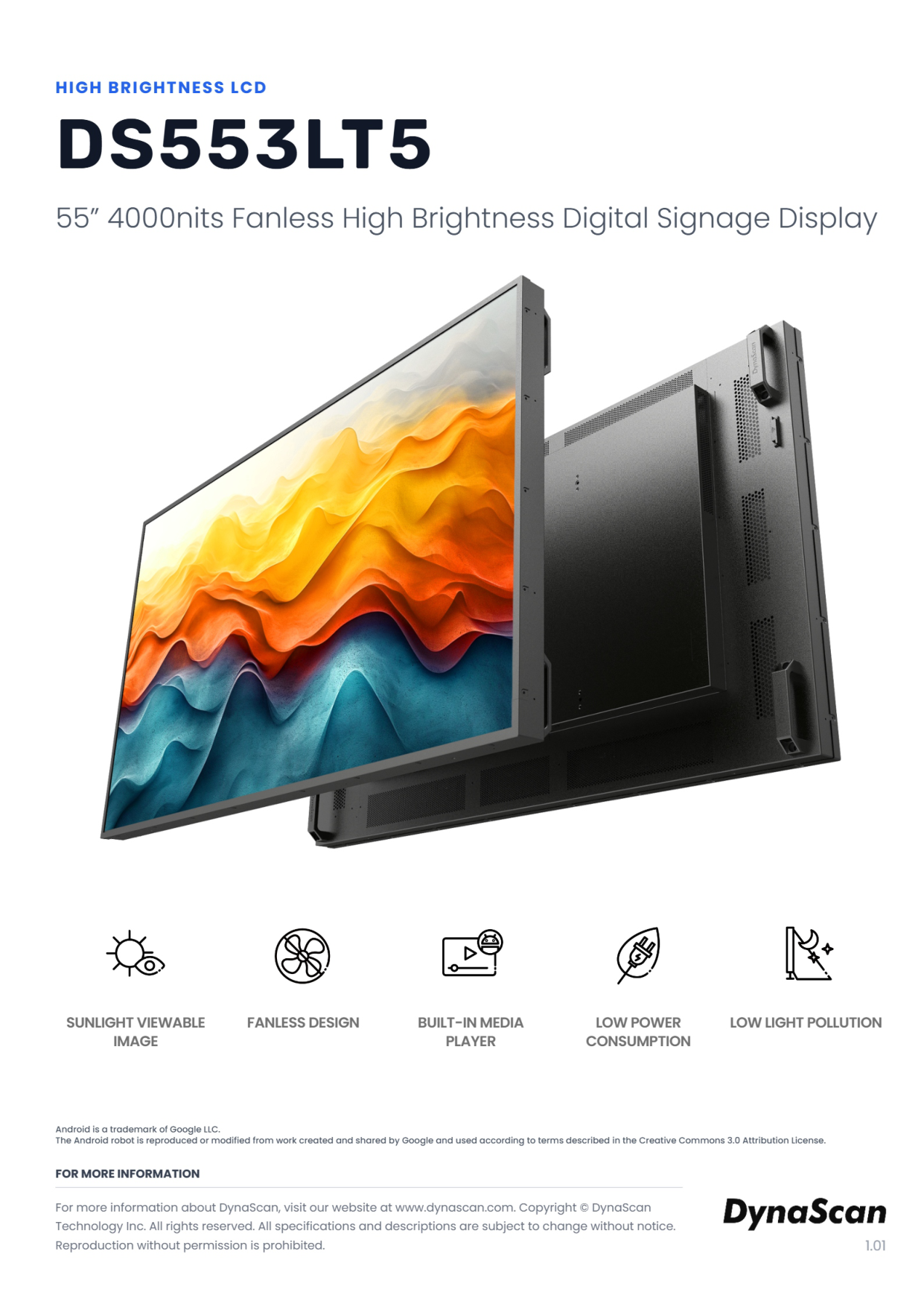 DynaScan DS553LT5 - 55 Zoll Schaufenster-Display Semi-Outdoor - Full HD 1920 x 1080 - 4000 cd/m² - Android 14 - lüfterlos - VESA 400x400 - schwarz