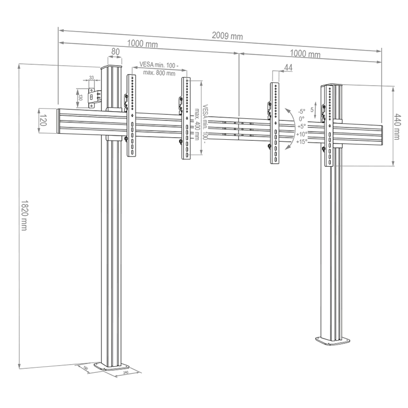 Hagor CPS Floor-Wall Dual 3331 - Boden-Wandhalterung 55-65" - neigbar, höhenverstellbar - Landscape - bis 50 kg je Screen - VESA 100x100-800x400 - schwarz