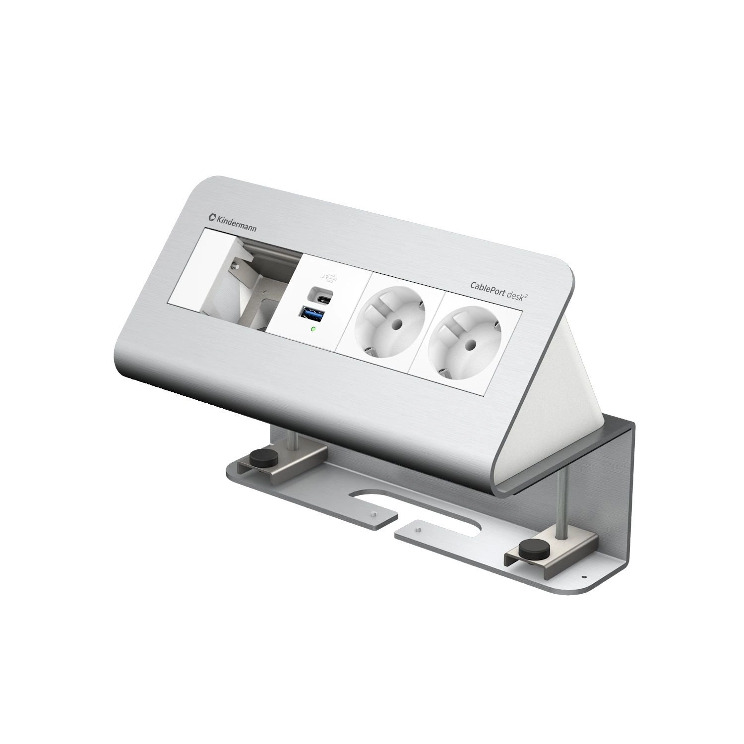 Kindermann CablePort desk² 4-fach - 2x Schuko + USB-A/C-Charger (QC3.0 + PD3.0) - Tischklemme 10-60 mm - Aluminium eloxiert - 7430001152