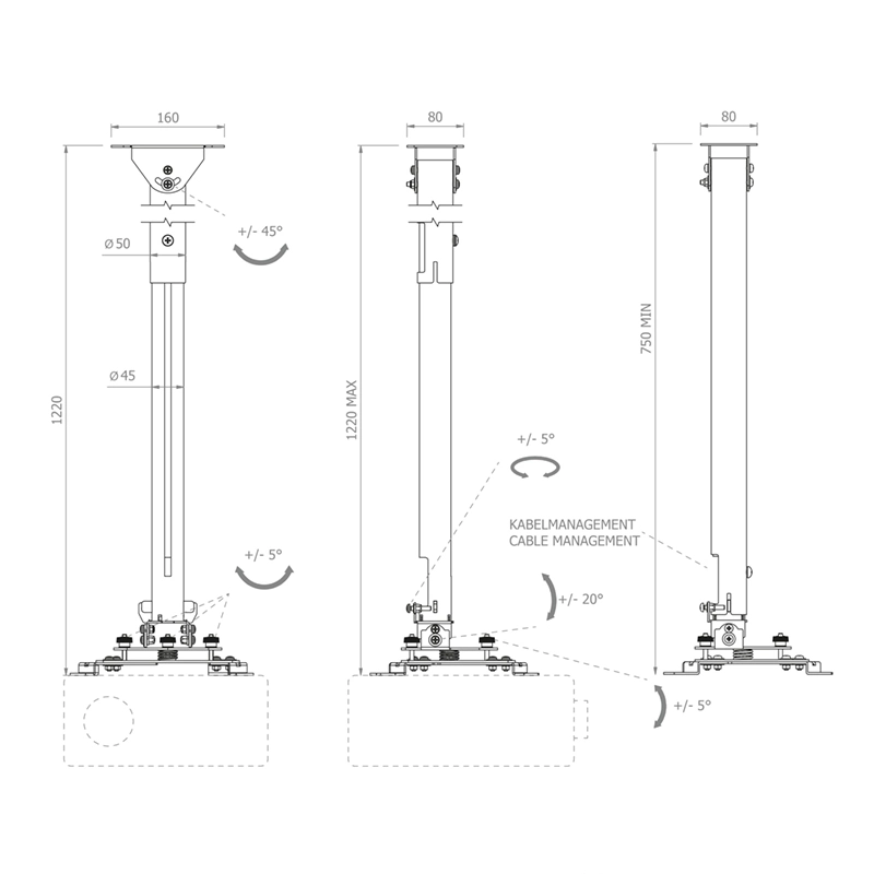 Hagor HA BDH 700-1250 mm 5807 - Teleskop-Beamerhalterung, 25kg, ±45° Dachschrägen-Gelenk, innenliegende Kabelführung, Weiß