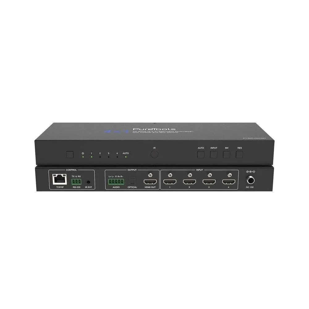 PureTools PT-SW-HD41MV - 4x1 Multiview Seamless UHD Video Switcher - 4K60, HDMI 2.0b, 9 Layouts, RS-232, TCP/IP, WebGUI