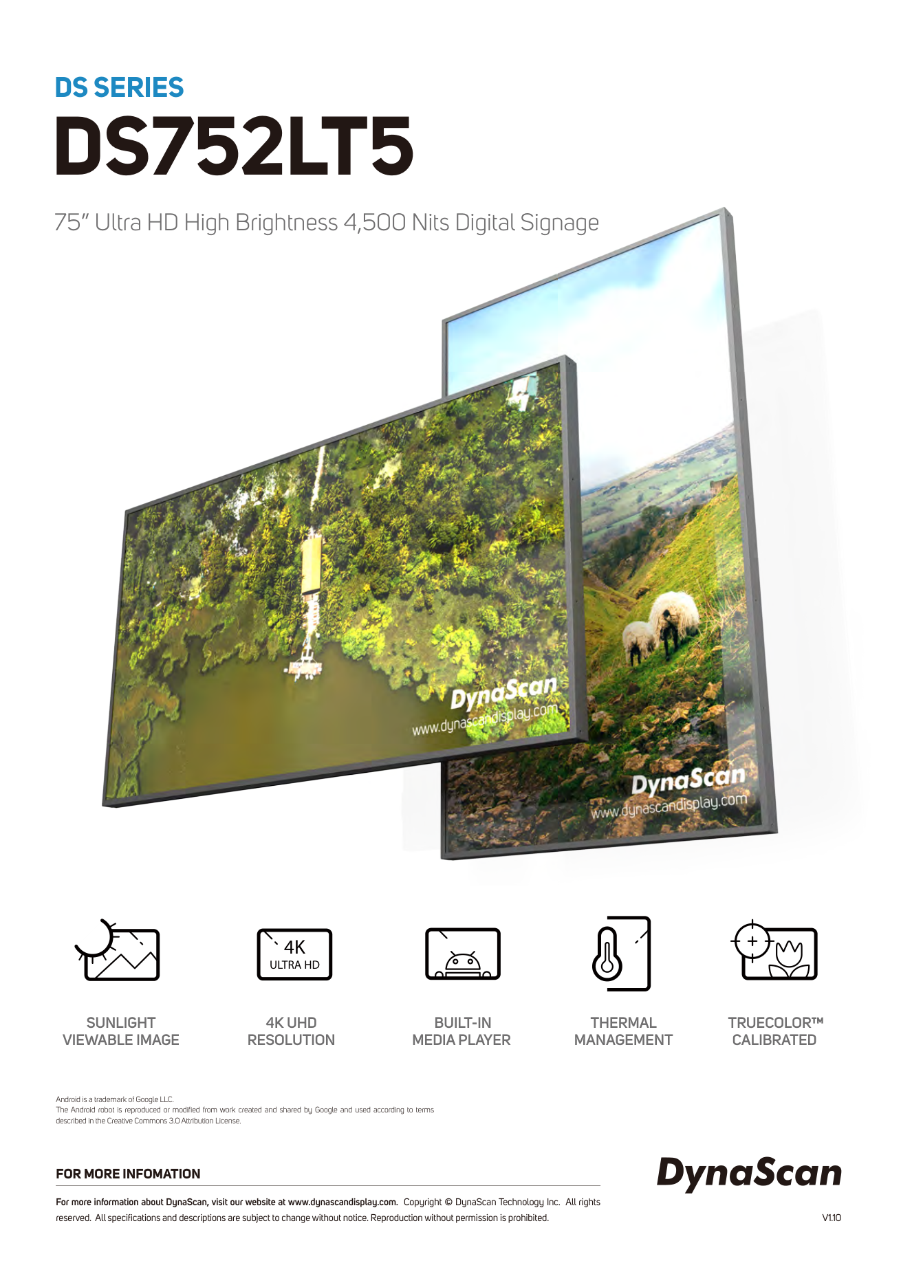DynaScan DS752LT5-1 - 75 Zoll Schaufenster-Display Semi-Outdoor - 4K UHD 3840 × 2160 - 4500 cd/m² - Android 8.0 - VESA 800x400 - schwarz