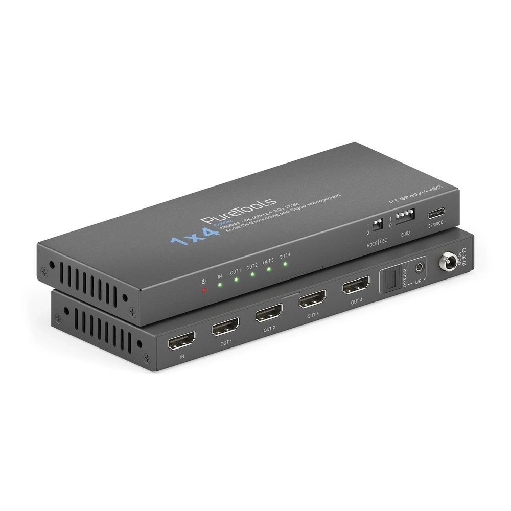 PureTools PT-SP-HD14-48G - HDMI 2.1 Splitter 1x4 - 48 Gbps - 8K@60Hz / 4K@120Hz - HDCP 2.3 - Audio De-Embedding SPDIF + Klinke - schwarz