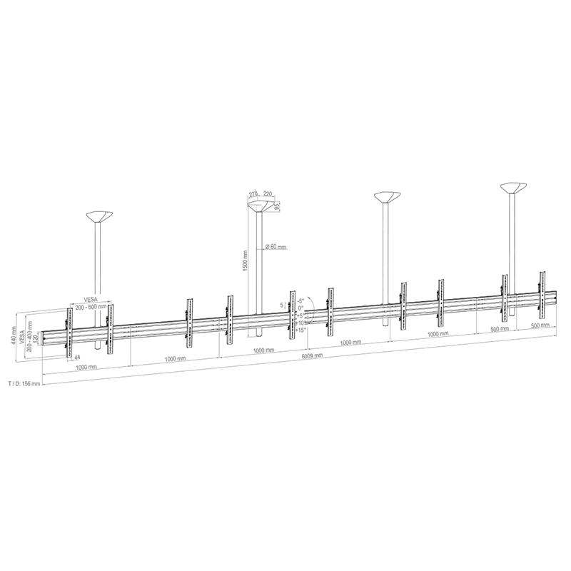 Hagor CPS Menuboard D5L 46-65" - Deckenhalterung 5 Displays Landscape - max. 40 kg je Screen - VESA 600x400 - neigbar - schwarz