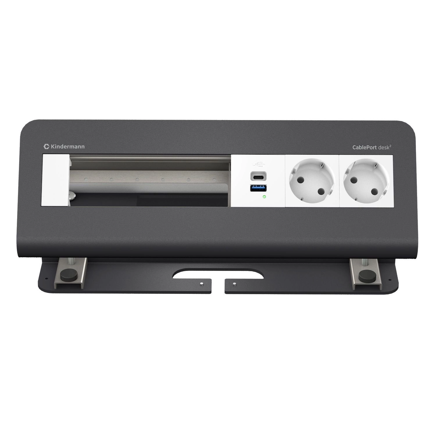 Kindermann CablePort desk² 6-fach - 2x Schuko + USB-A/C-Charger (QC3.0 + PD3.0) - Tischklemme 10-60 mm - Schiefergrau RAL 7015 - 7430001182