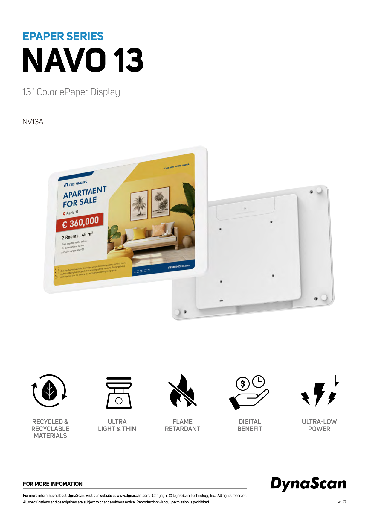 DynaScan NAVO 13 - 13,3 Zoll Color E-Paper Display - 1600 x 1200 - 60.000 Farben - Akkubetrieb möglich - Android 11 - WLAN - VESA 100x100