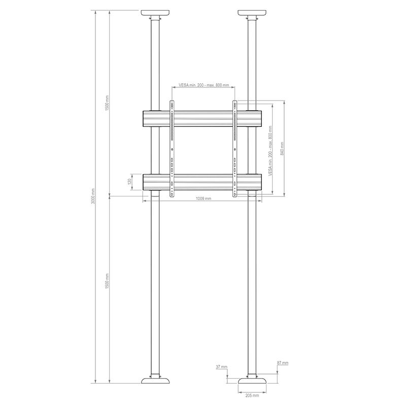 Hagor CPS Floor-Ceiling Single HD 3349 - Boden-Decken-Halterung 75-98 Zoll - max. 75 kg - VESA 900x800 - schwarz