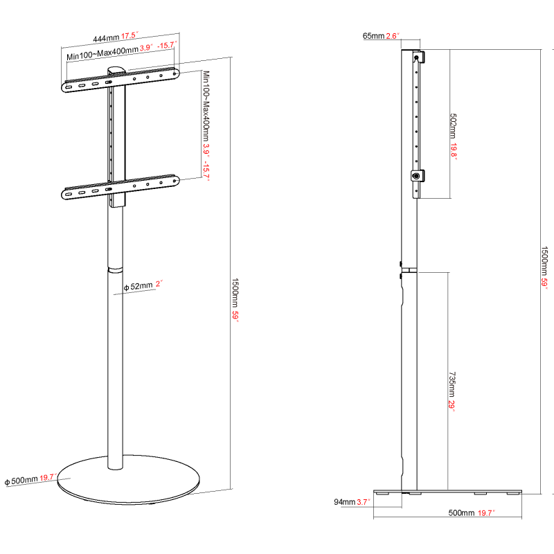 Vision VFM-F4 - Display-Bodenständer freistehend - 30-65" - VESA bis 400x400 - 30 kg Tragkraft - 1500 mm Säulenhöhe - schwarz