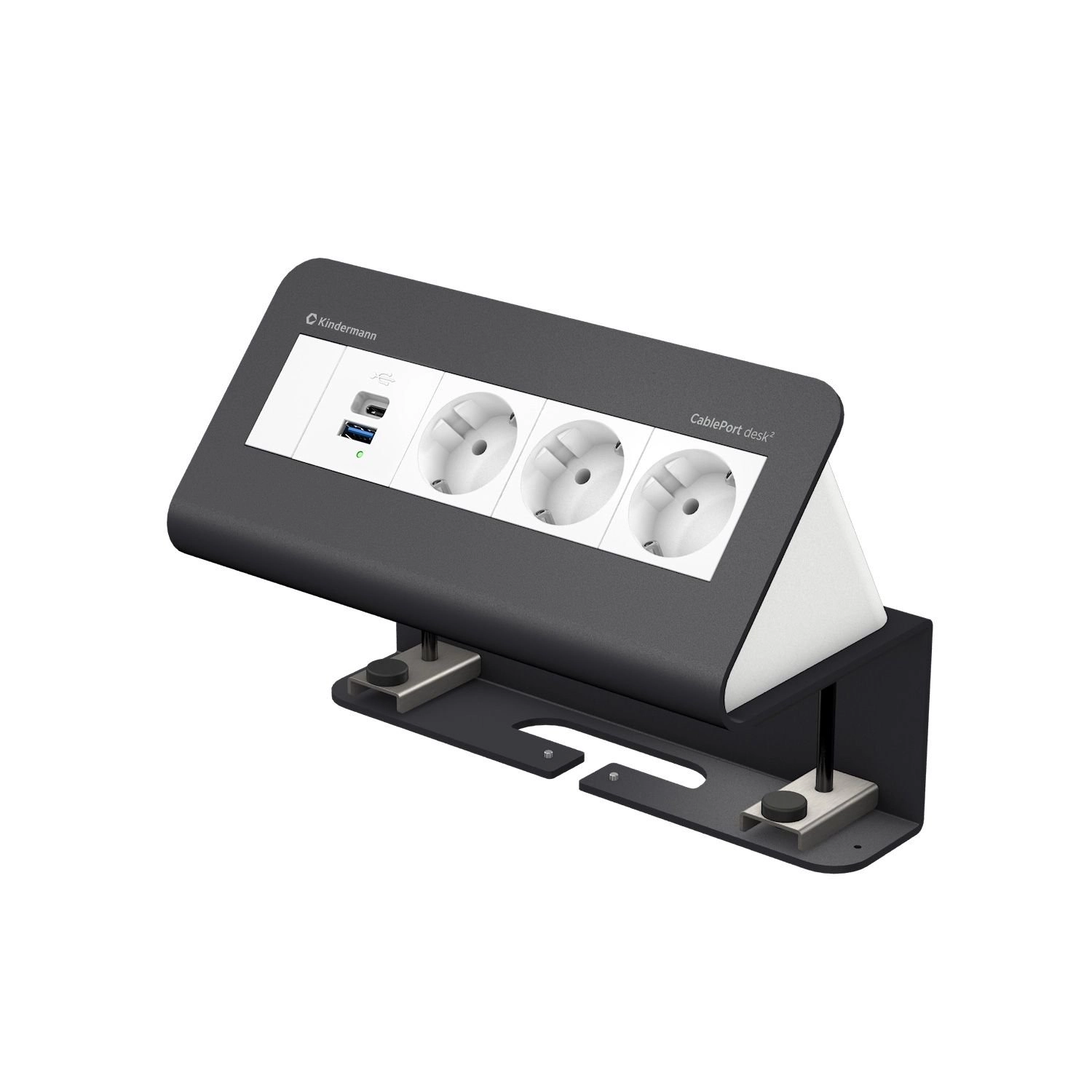 Kindermann CablePort desk² 4-fach - 3x Schuko + USB-A/C-Charger (QC3.0 + PD3.0) - Tischklemme 10-60 mm - Schiefergrau RAL 7015 - 7430001173
