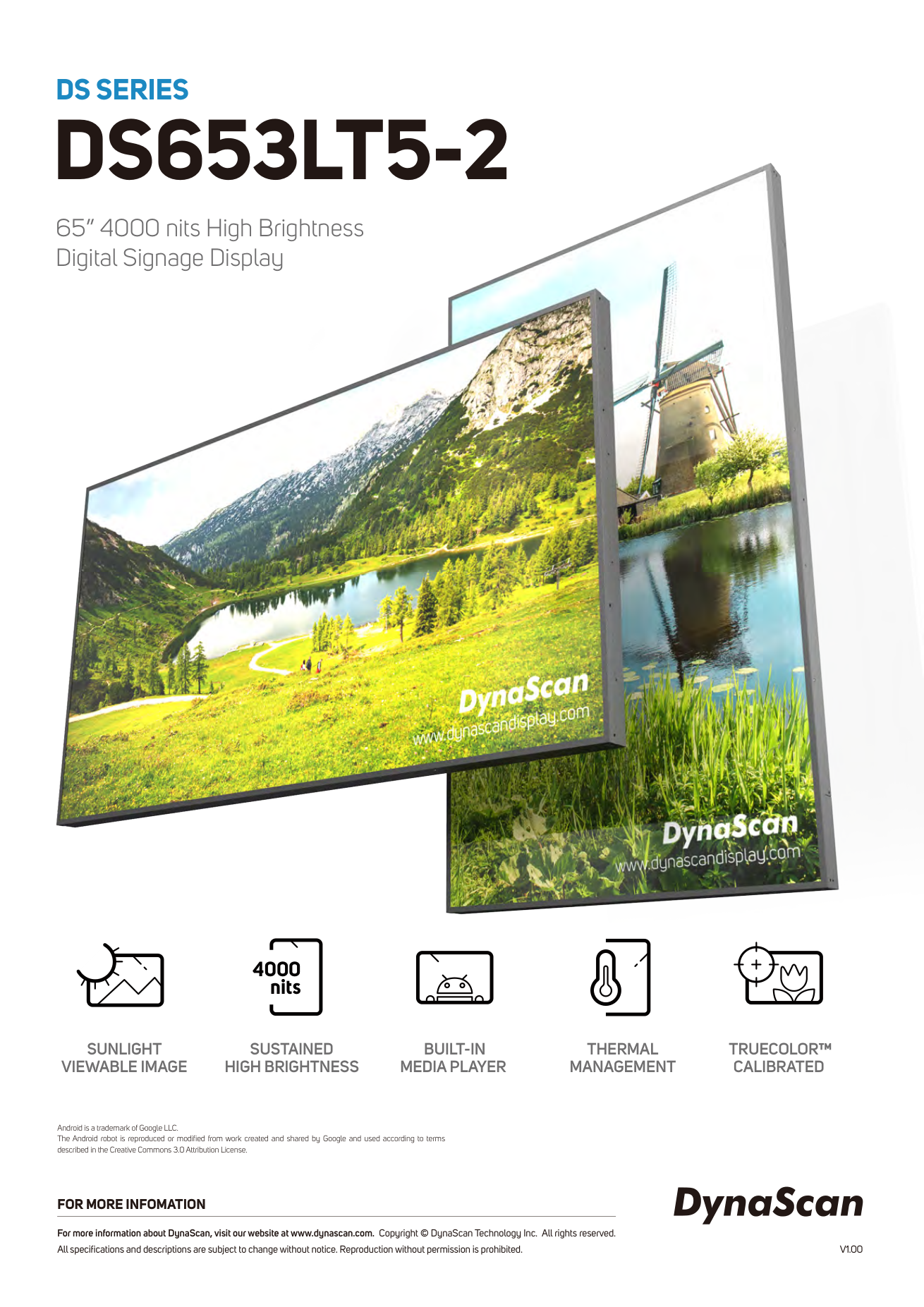 DynaScan DS653LT5-2 - 65 Zoll Schaufenster-Display Semi-Outdoor - Full HD 1920 × 1080 - 4000 cd/m² - Android 11 - VESA 600x400 - schwarz