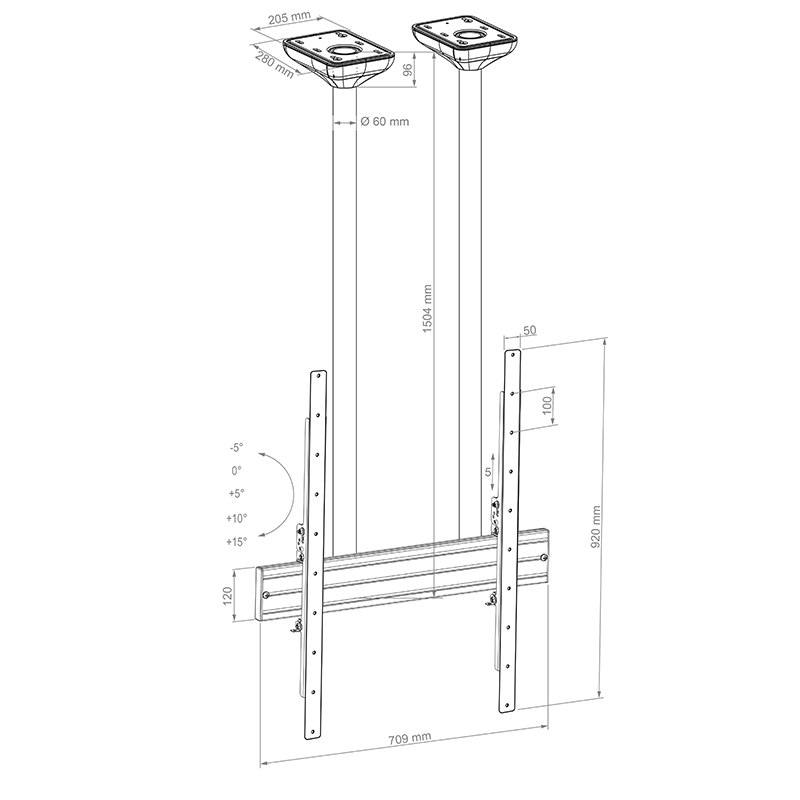 Hagor PLD Single HD 2701 - Deckenhalterung 75-100 Zoll - neigbar, höhenverstellbar - Portrait - bis 100 kg - VESA 600x900 - schwarz