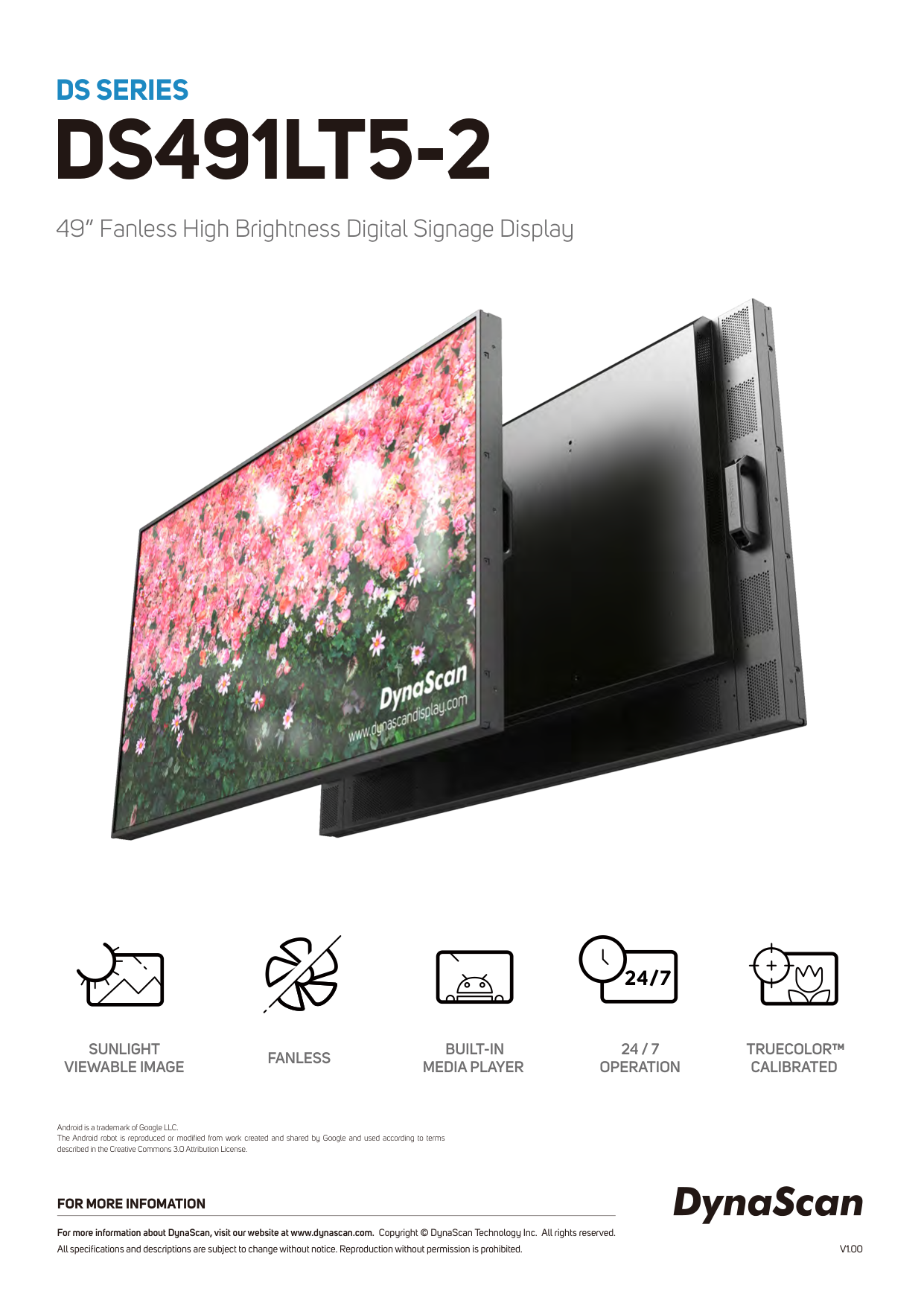 DynaScan DS491LT5-2 - 49 Zoll Schaufenster-Display Semi-Outdoor - Full HD 1920 x 1080 - 4000 cd/m² - 24/7 - Android 11 - lüfterlos - VESA 400x400 - schwarz