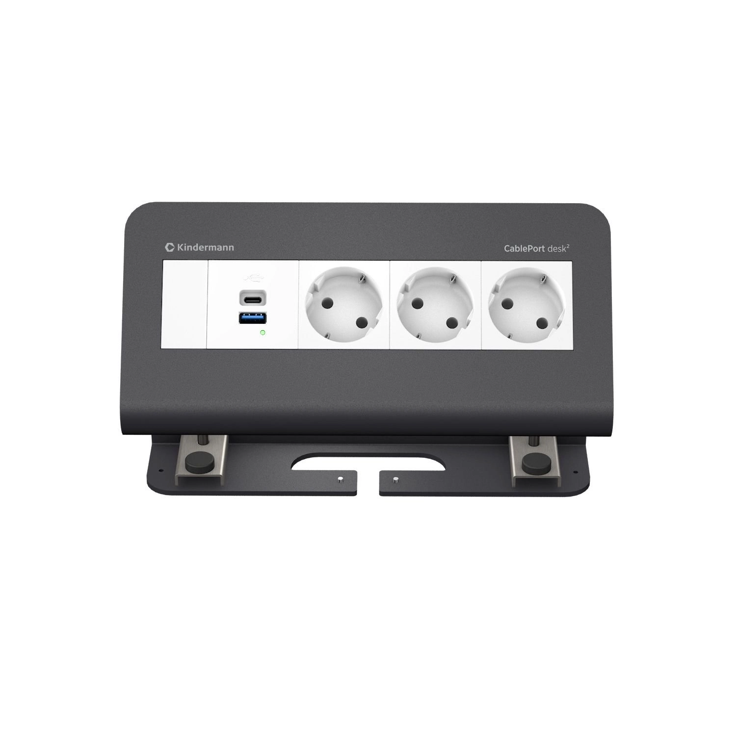 Kindermann CablePort desk² 4-fach - 3x Schuko + USB-A/C-Charger (QC3.0 + PD3.0) - Tischklemme 10-60 mm - Schiefergrau RAL 7015 - 7430001173