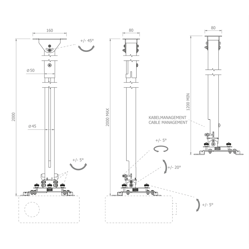 Hagor HA BDH 1200-2000 mm 5808 - Teleskop-Beamerhalterung, 25kg, ±45° Dachschrägen-Gelenk, innenliegende Kabelführung, Weiß