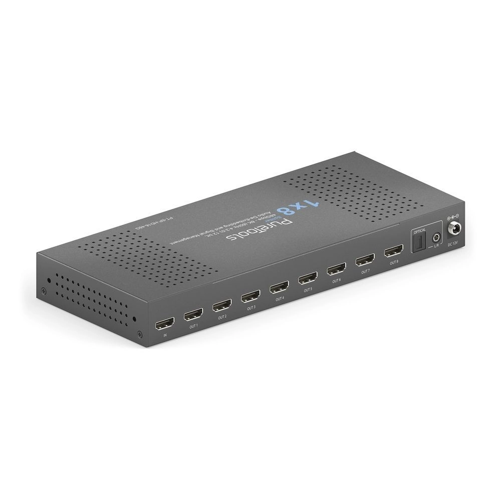 PureTools PT-SP-HD18-48G - HDMI 2.1 Splitter 1x8 - 48 Gbps - 8K@60Hz / 4K@120Hz - HDCP 2.3 - Audio De-Embedding SPDIF + Klinke - schwarz