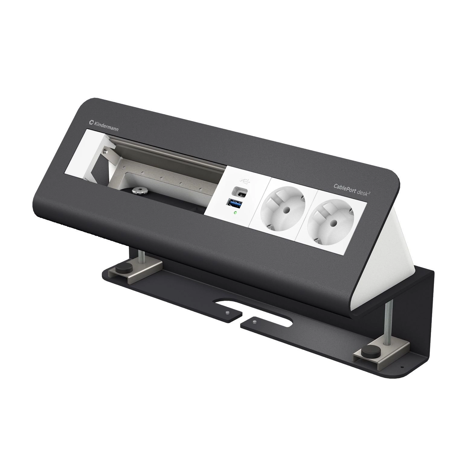 Kindermann CablePort desk² 6-fach - 2x Schuko + USB-A/C-Charger (QC3.0 + PD3.0) - Tischklemme 10-60 mm - Schiefergrau RAL 7015 - 7430001182