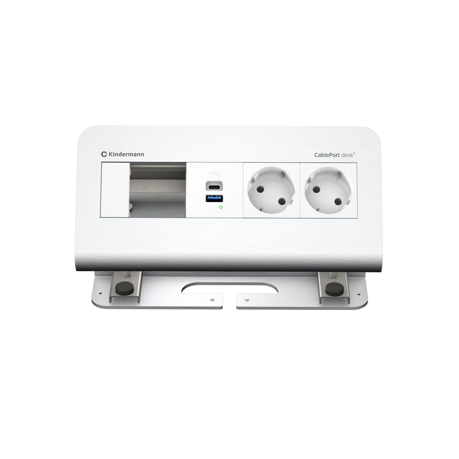 Kindermann CablePort desk² 4-fach - 2x Schuko + USB-A/C-Charger (QC3.0 + PD3.0) - Tischklemme 10-60 mm - Aluminium eloxiert - 7430001152