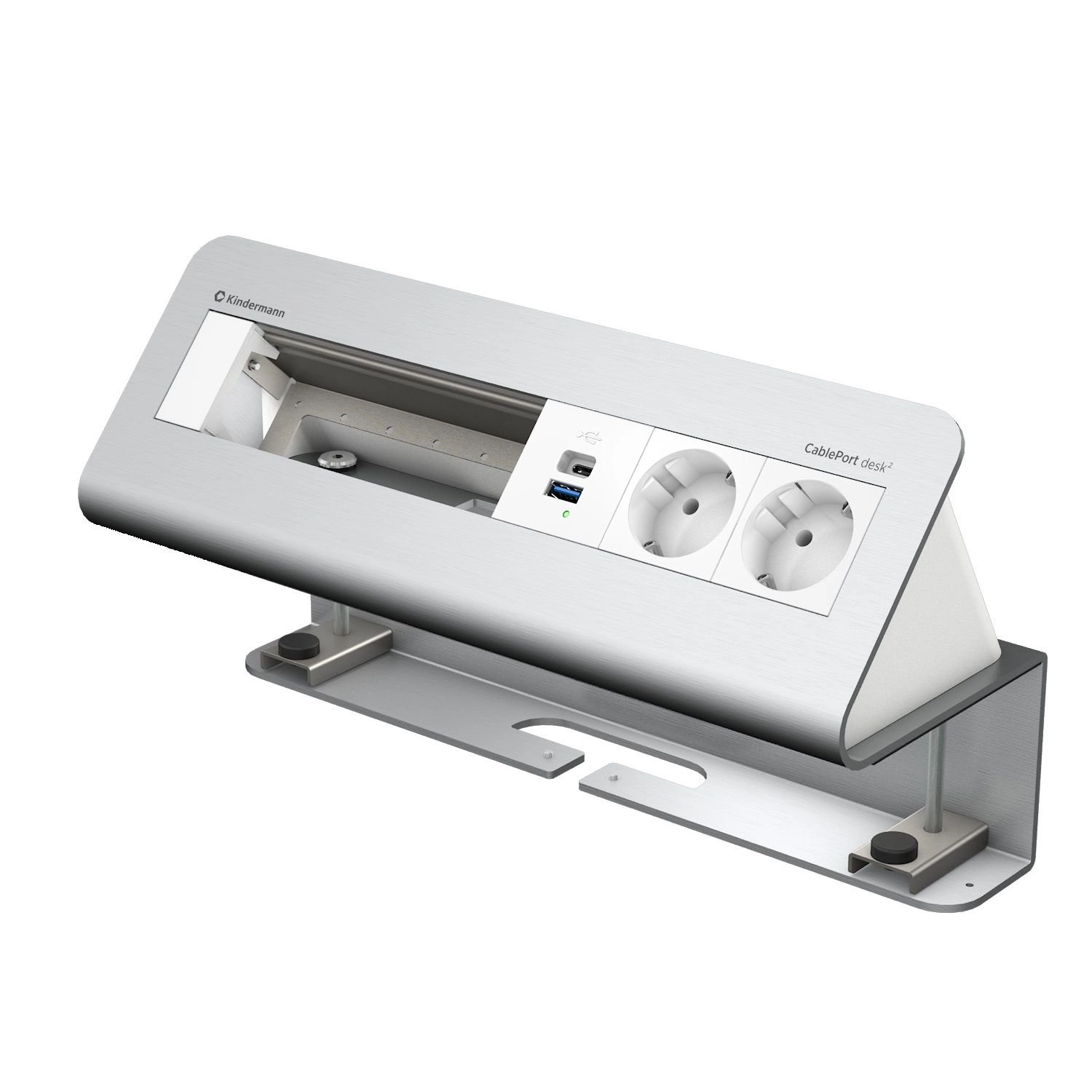 Kindermann CablePort desk² 6-fach - 2x Schuko + USB-A/C-Charger (QC3.0 + PD3.0) - Tischklemme 10-60 mm - Aluminium eloxiert - 7430001162
