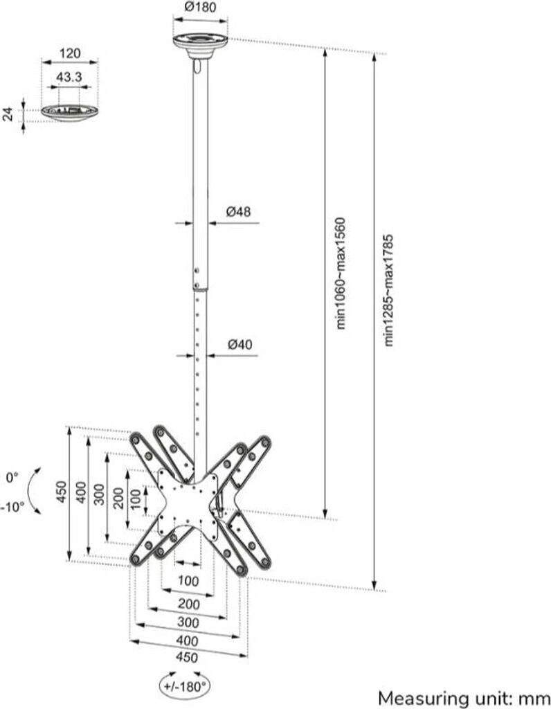 Neomounts FPMA-C340DBLACK - Doppel-Deckenhalterung 2x32-75" - max. 2x50 kg - VESA 400x400 - 360° Schwenk - H 106-156 cm - schwarz