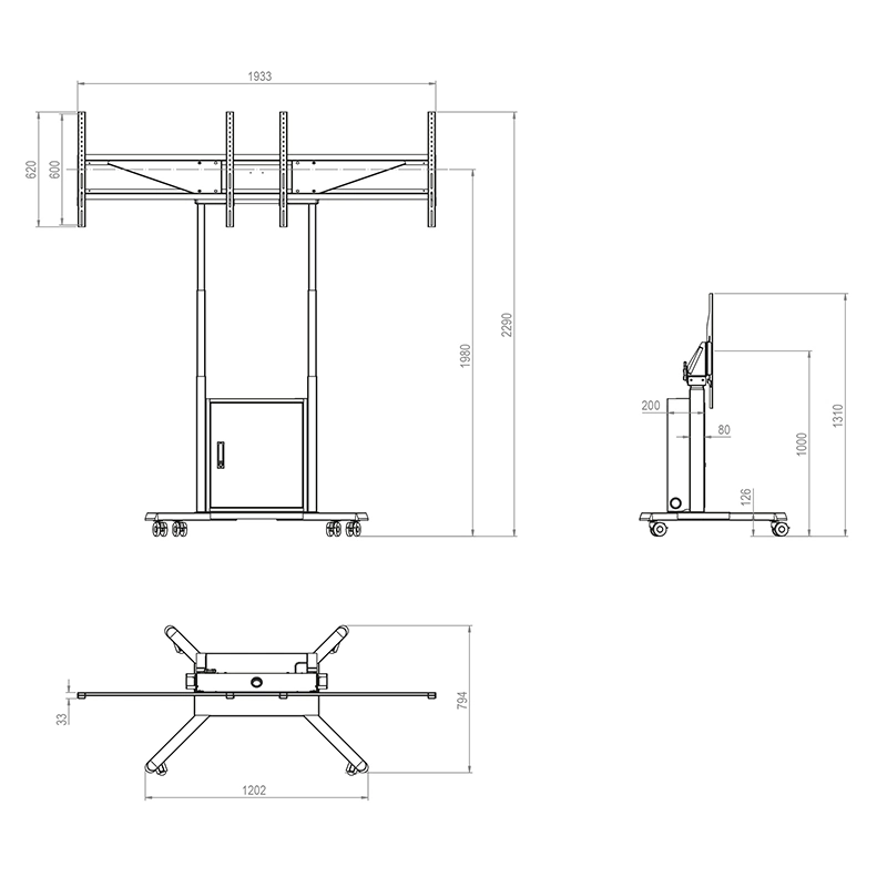 Hagor HP Twin Lift M-DB 8253 - mobiler motorischer Dual-Display-Lift 2x 46-65" side-by-side - 2x 60 kg - VESA 600x400 - 980 mm Hub - schwarz