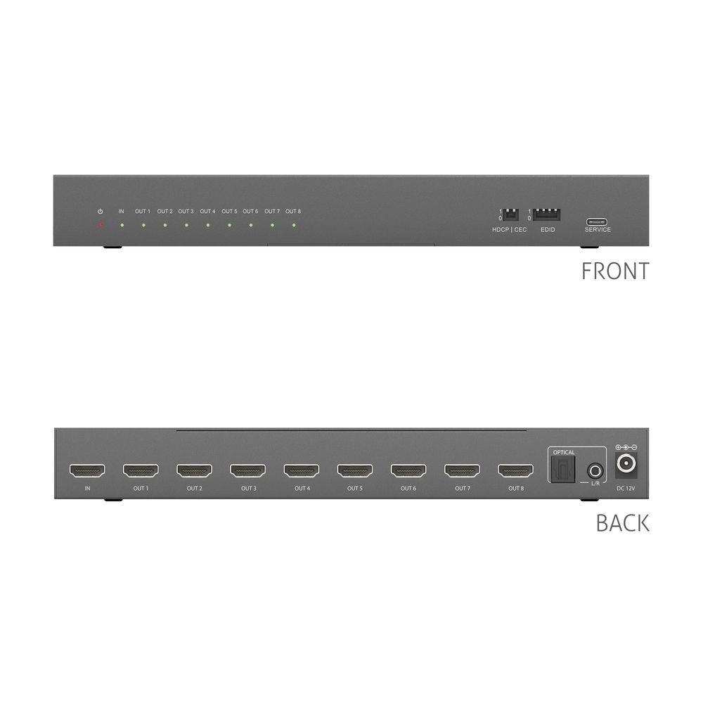 PureTools PT-SP-HD18-48G - HDMI 2.1 Splitter 1x8 - 48 Gbps - 8K@60Hz / 4K@120Hz - HDCP 2.3 - Audio De-Embedding SPDIF + Klinke - schwarz