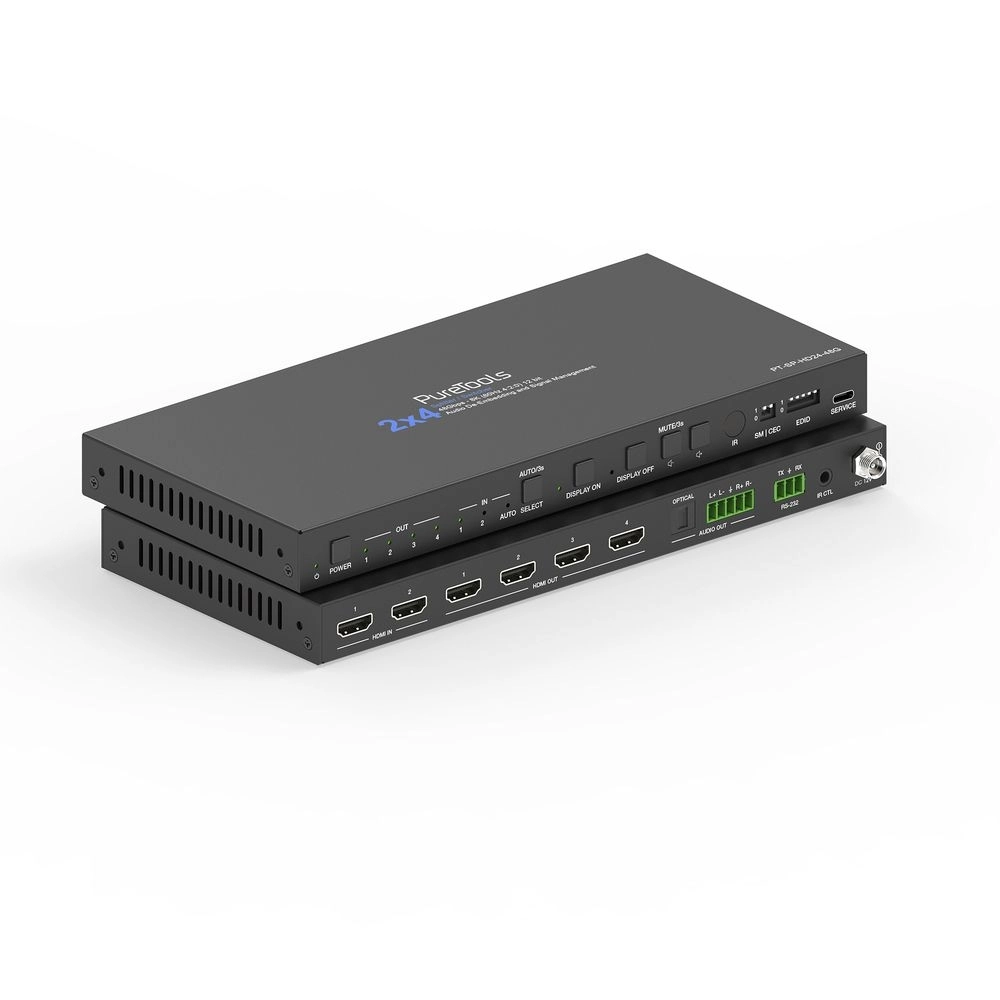 PureTools PT-SP-HD24-48G - HDMI 2.1 Splitter 2x4 - 48 Gbps - 8K@60Hz / 4K@120Hz - HDCP 2.3 - Audio De-Embedding SPDIF + Phoenix - schwarz