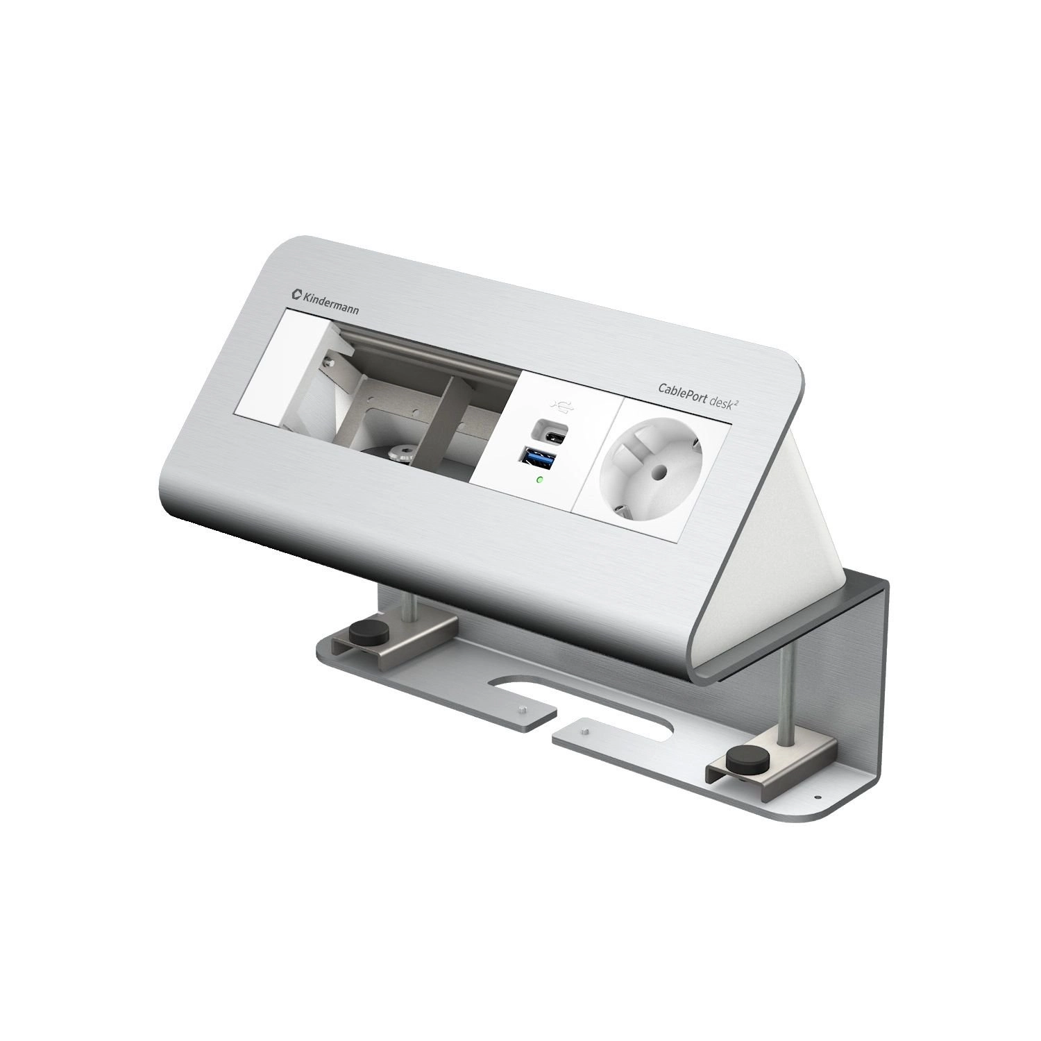 Kindermann CablePort desk² 4-fach - 1x Schuko + USB-A/C-Charger (QC3.0 + PD3.0) - Tischklemme 10-60 mm - Aluminium eloxiert - 7430001151