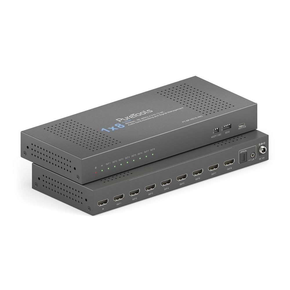 PureTools PT-SP-HD18-48G - HDMI 2.1 Splitter 1x8 - 48 Gbps - 8K@60Hz / 4K@120Hz - HDCP 2.3 - Audio De-Embedding SPDIF + Klinke - schwarz