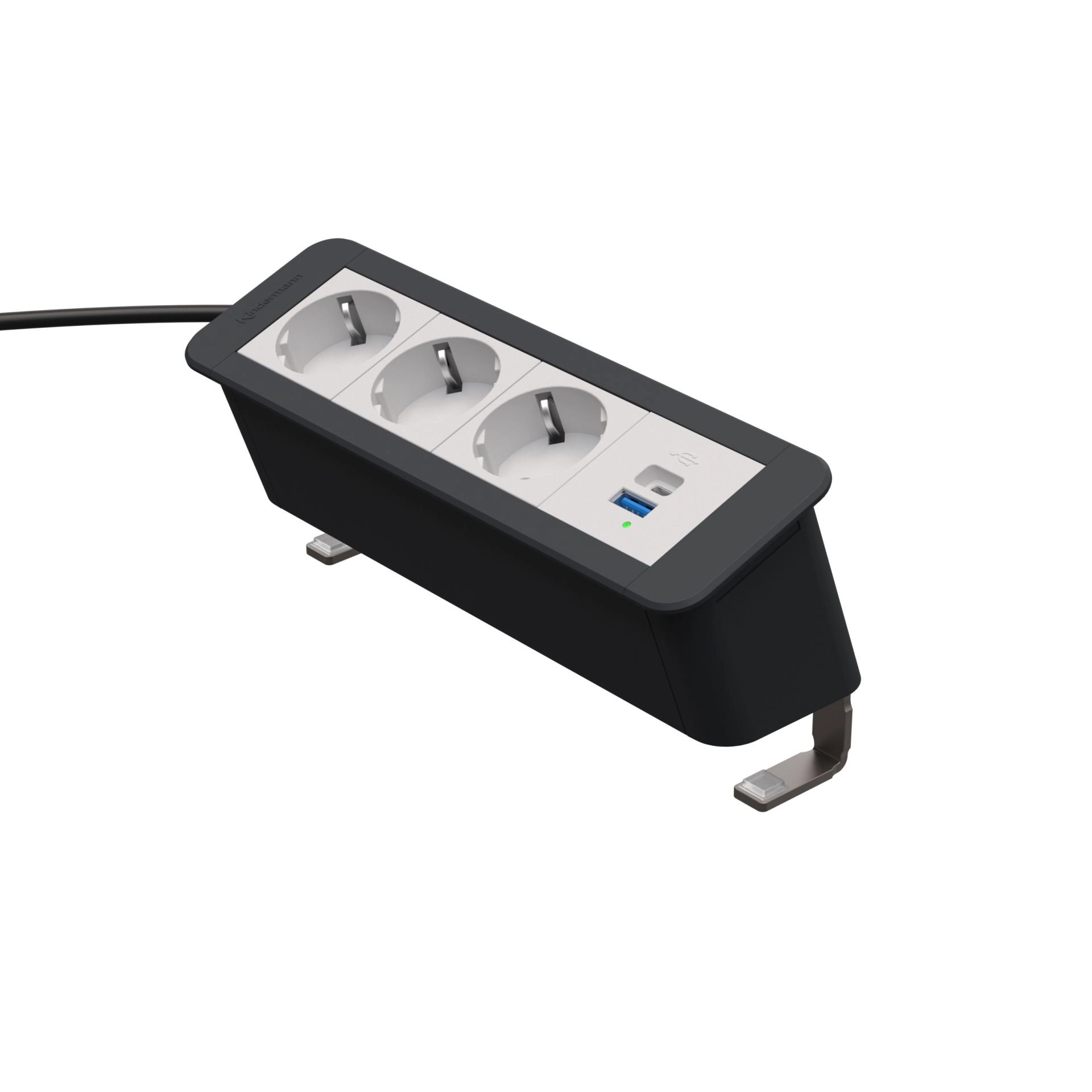 Kindermann CablePort Office desk 4-fach - 3x Strom + 1x USB-A/C - Anklemm-Tischanschlussfeld - schiefergrau - 7550000223