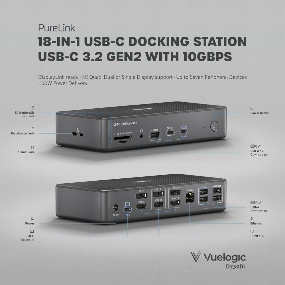 Vuelogic VL-D230DL - 18-in-1 USB-C Dockingstation - DisplayLink - 4 Displays - 4K@60Hz - 100W Power Delivery - USB 3.2 Gen2